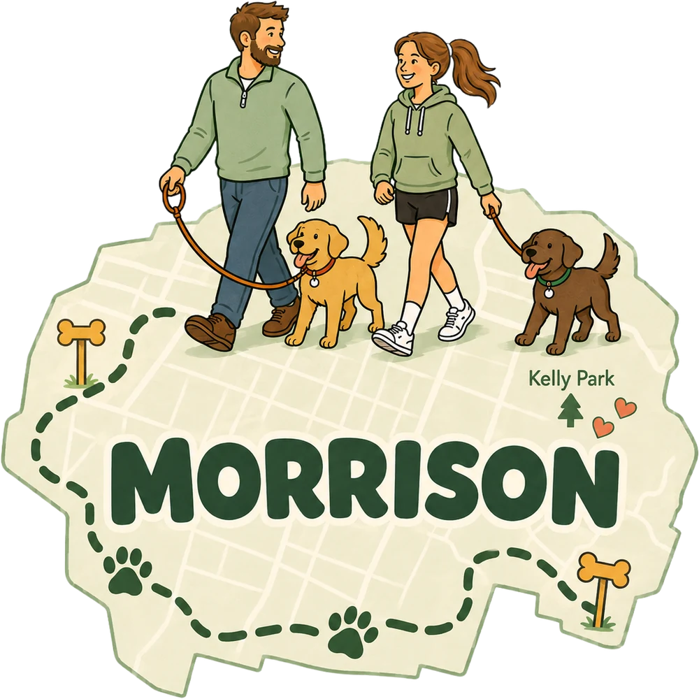 Illustrated map of Morrison with Art and Sophee walking dogs along a route through town